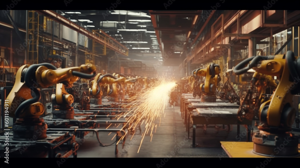 autonomous robot factory produces vehicles cars bodies in a big hall on long production line autonomous robot factory produces vehicles cars bodies in a big hall on long production line