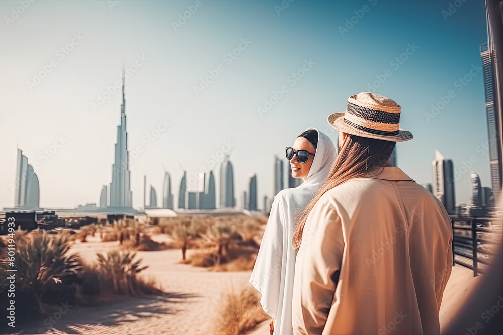 Dubai travel destination. Tourist couple on sunny day in city beautiful urban landscape view. Generative AI.
