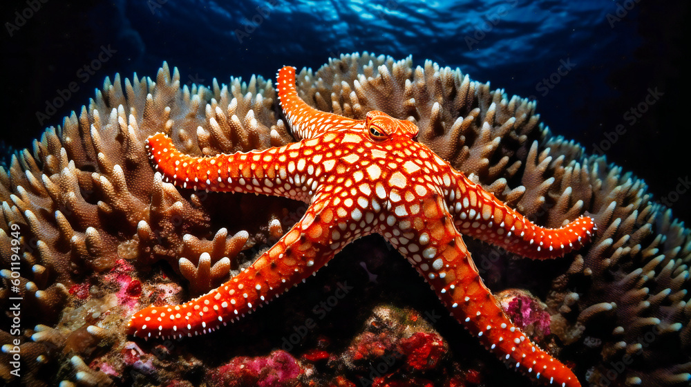 A starfish sits on top of coral reef above the waters A starfish sits on top of coral reef above the waters