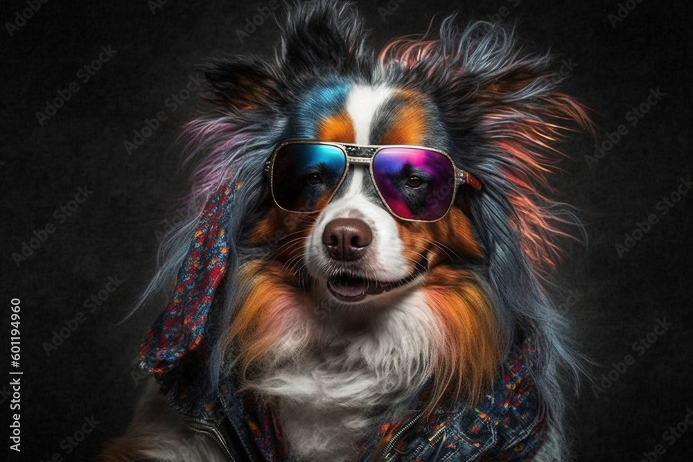 Naklejka premium Funny punk rock colored dog with sunglasses. Ai generated