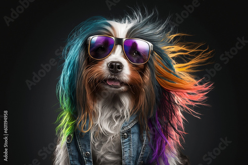 Funny punk rock colored dog with sunglasses. Ai generated © dragomirescu