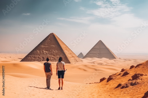 Egypt travel destination. Tourist couple on sunny day in desert with pyramids and beautiful landscape. Generative AI.