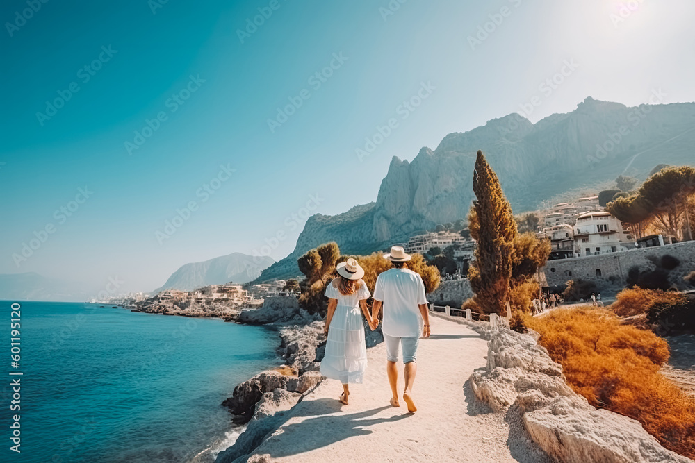 Antalya travel destination. Tourist couple on sunny day in beautiful nature landscape. Generative AI.