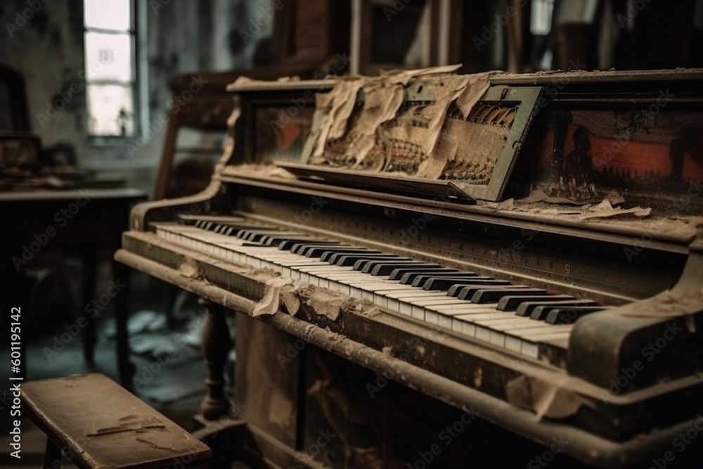 Grunge old dusty piano in an abandoned room. Ai generated