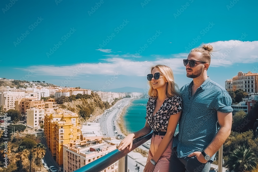 Malaga travel destination. Tourist couple on sunny day in city beautiful urban landscape view. Generative AI.