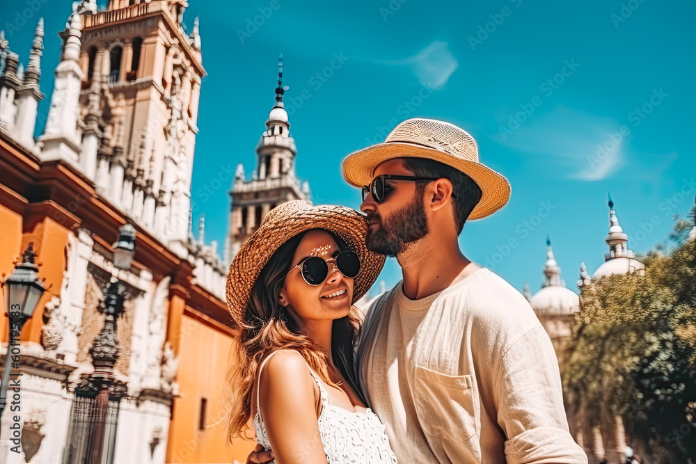 Fototapeta premium Seville travel destination. Tourist couple on sunny day in city beautiful urban landscape view. Generative AI.