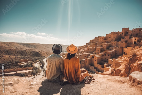 Morocco travel destination. Tourist couple on sunny day in city beautiful urban landscape view. Generative AI. photo