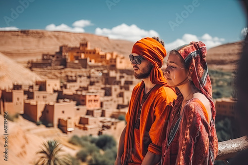 Morocco travel destination. Tourist couple on sunny day in city beautiful urban landscape view. Generative AI.