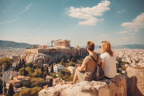 Athens travel destination. Tourist couple on sunny day in city beautiful urban landscape view. Generative AI.