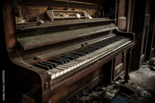 Grunge old dusty piano in an abandoned room. Ai generated