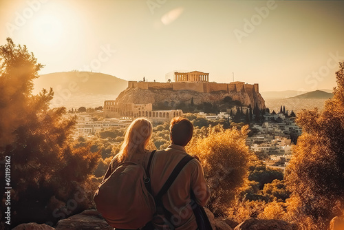 Athens travel destination. Tourist couple on sunny day in city beautiful urban landscape view. Generative AI.