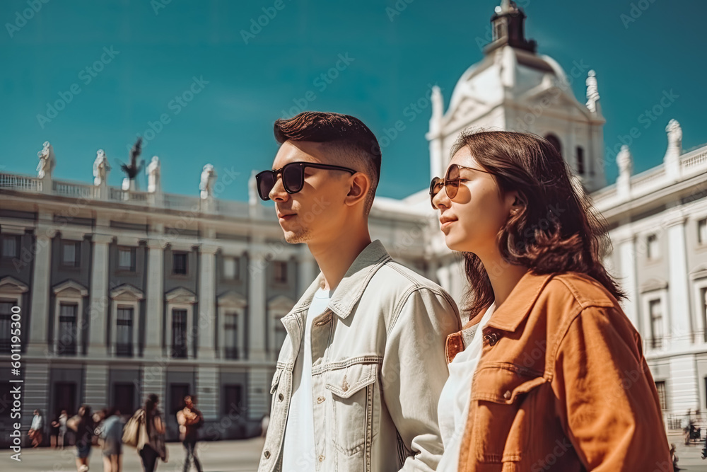 Madrid travel destination. Tourist couple on sunny day in city beautiful urban landscape view. Generative AI.