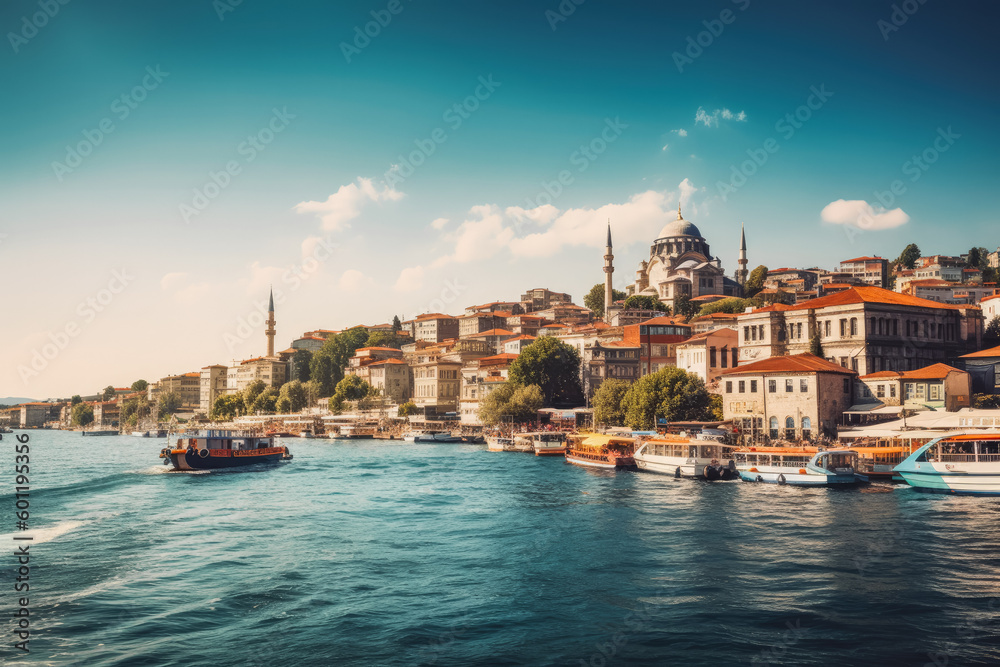 Istanbul travel destination. Sunny day on the beach with beautiful view. Generative AI