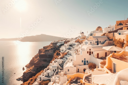 Greece travel destination. Sunny day on the beach with beautiful view. Generative AI