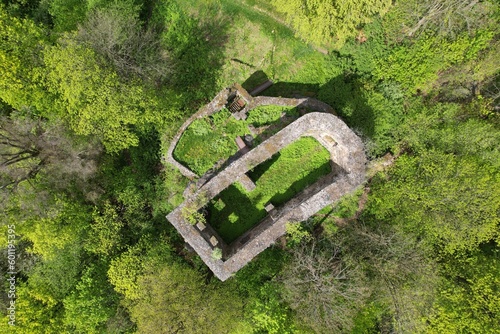 castle Vlctejn ruins (Zricenina hradu Vlctejn) aerial panorama landscape view of old castle walls in the forest,Czech republic
 photo