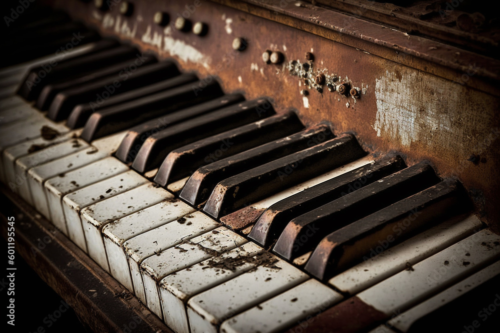 Grunge old dusty piano in an abandoned room. Ai generated Grunge old dusty piano in an abandoned room. Ai generated