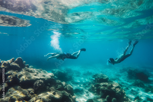 Under the water view angle of kids snorkeling. Person swimming under water in clear ocean. Generative AI © VisualProduction