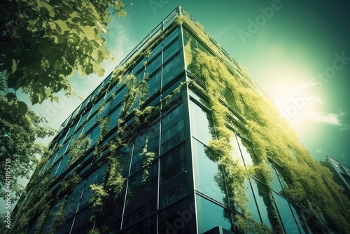 Green office building in modern metropolis. Glass business building in urban environment. Generative AI.