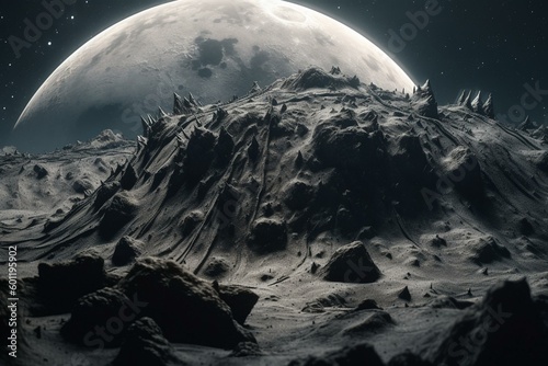 Hyperrealistic, detailed and enticing, a mysterious moon landscape that sparks wanderlust. Generative AI