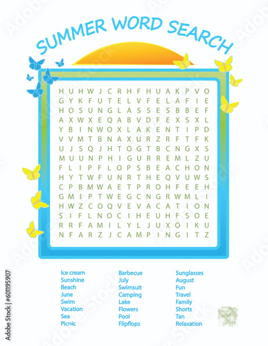 Summer Word Search Puzzle with Answer Key, Butterflies and Sunset Design