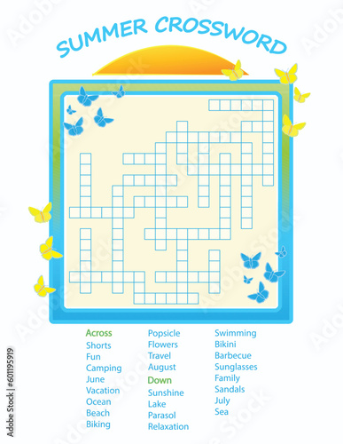 Summer Crossword Puzzle, Butterflies and Sunset Design