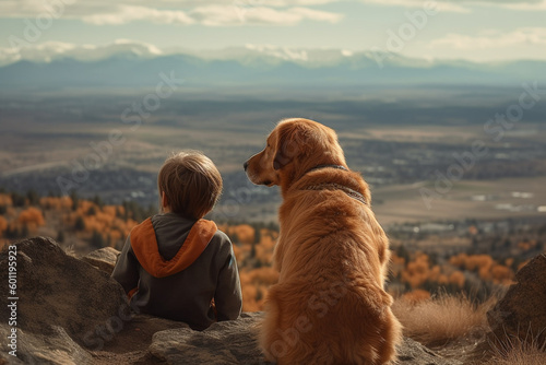 Boy and his dog on the top of a hill or mountain. Ai generated