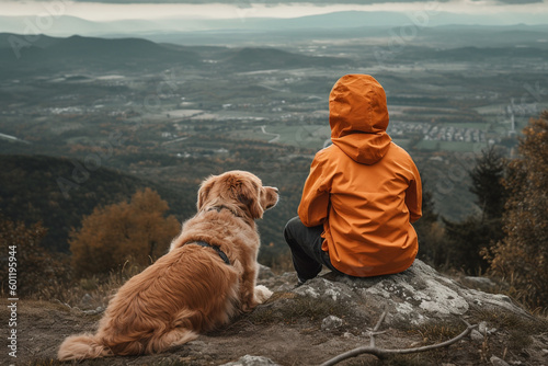 Boy and his dog on the top of a hill or mountain. Ai generated © dragomirescu
