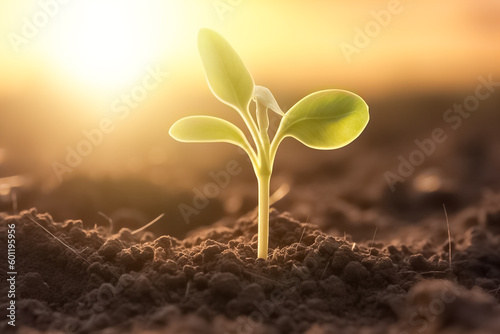 Soil with seedling sprouts in the morning light on nature background.  