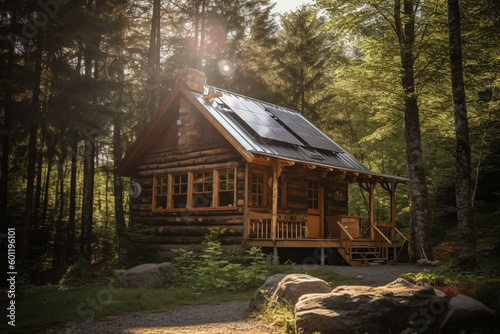 Log cabin in the forest with sunlight. Ai generated © dragomirescu