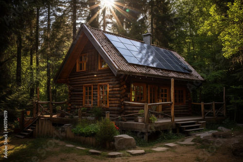 Log cabin in the forest with sunlight. Ai generated