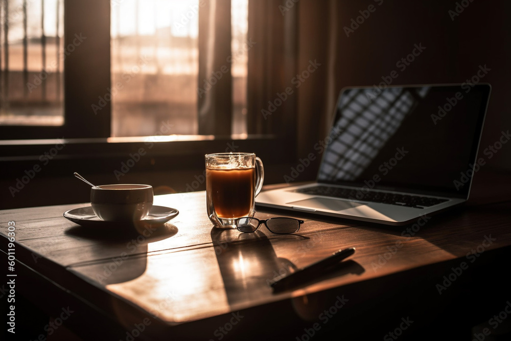 Hot cup of morning coffee inside a room with laptop. Cozy relaxing environment to enjoy an espresso and work. Ai generated Hot cup of morning coffee inside a room with laptop. Cozy relaxing environment to enjoy an espresso and work. Ai generated