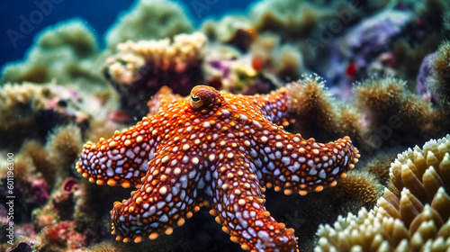 A starfish is swimming above corals in a coral reef © Rabbi