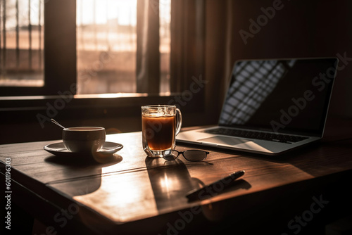 Hot cup of morning coffee inside a room with laptop. Cozy relaxing environment to enjoy an espresso and work. Ai generated