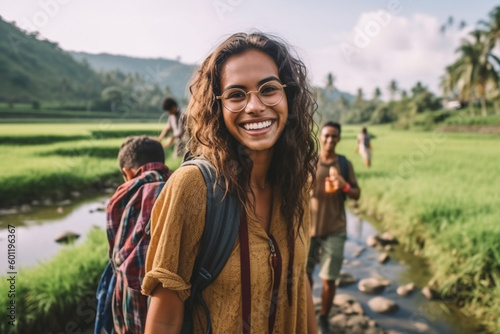 young adult woman traveling, hiking along a small river in tropical nature with other tourists or friends and local people, fictional place. Generative AI photo