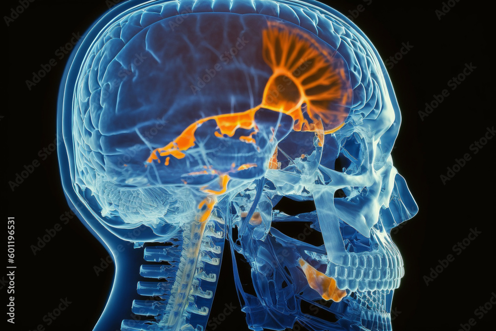 Radiography or X ray of head scan of a human skull with brain. Ai ...