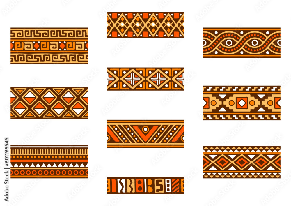 African seamless borders set. Hand stamp printing. Ethnic folk texture. - obrazy, fototapety, plakaty 