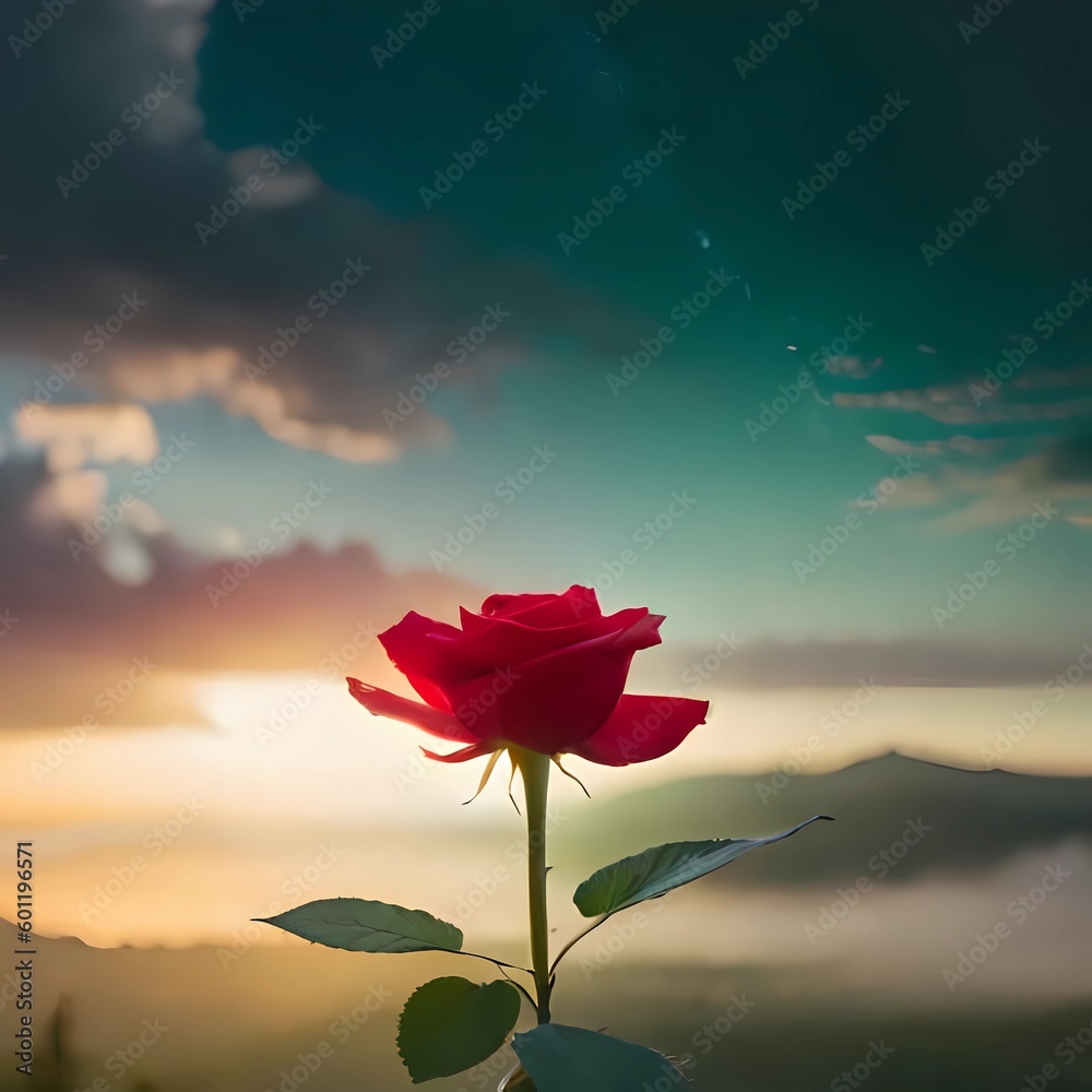A vibrant red rose with soft, velvety petals stands out against a green background, its curved stem elegantly extending upwards towards the sky A vibrant red rose with soft, velvety petals stands out against a green background, its curved stem elegantly extending upwards towards the sky