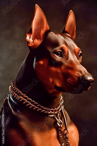 portrait of a brutal Doberman dog on a dark background in the studio. the image was created using artificial intelligence © КРИСТИНА Игумнова