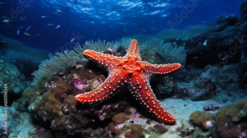 A starfish is swimming above corals in a coral reef © Rabbi