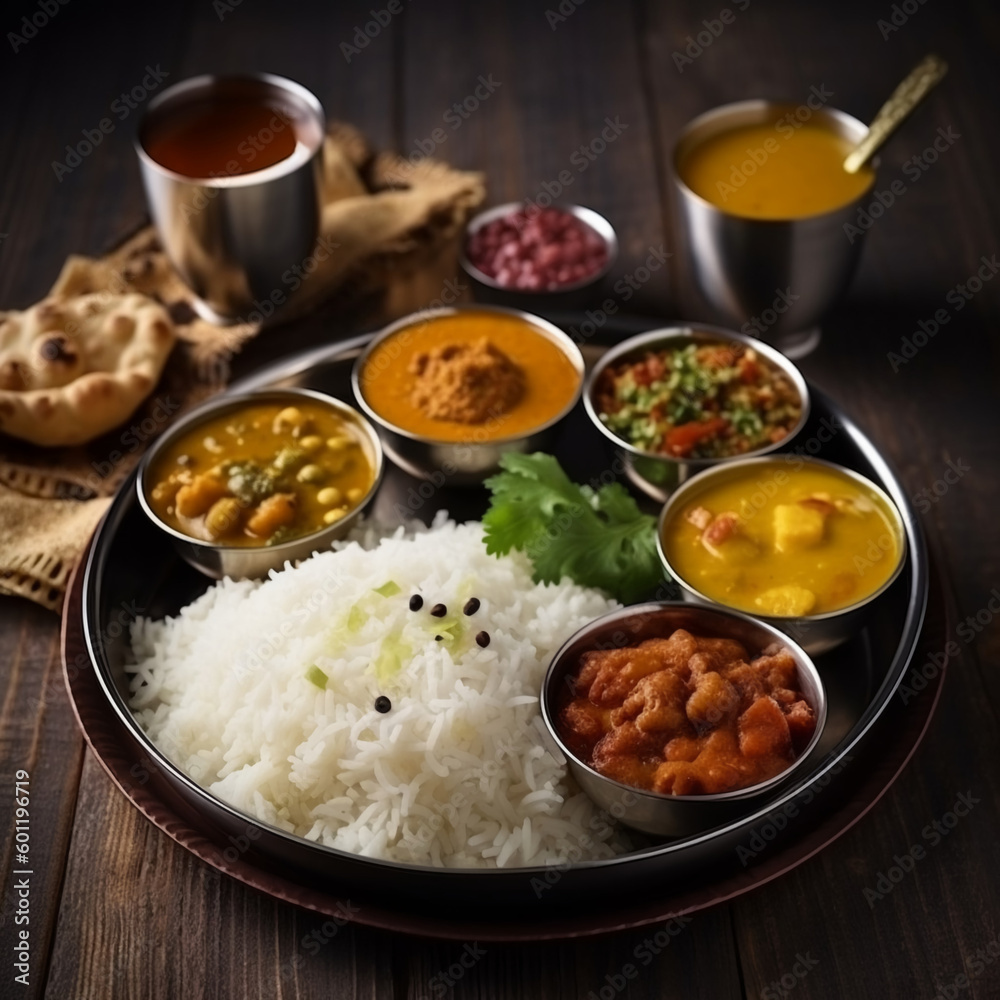 Indian thali. Basmati jasmine rice, curry, chapati, dal, masala, Raita, batter chicken, pickled vegetables. indian food. ai generation Indian thali. Basmati jasmine rice, curry, chapati, dal, masala, Raita, batter chicken, pickled vegetables. indian food. ai generation