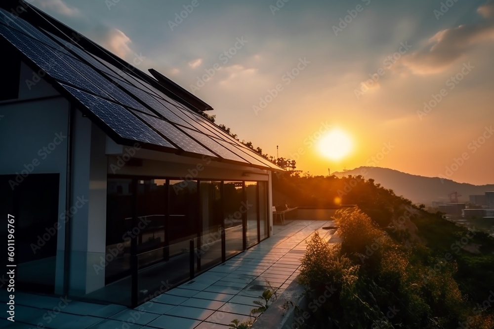 Solar panels with warm sun rays. Ai generated