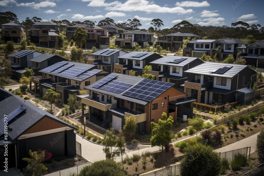 Obraz premium Neighborhood with beautiful houses and solar panels. Ai generated