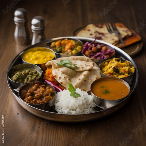 chicken and rice. Indian thali. Basmati jasmine rice, curry, chapati, dal, marsala chai, milk tea, Raita, barter chicken, pickled vegetables. indian food. ai generation