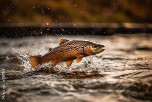 Trout fish jumping from the river. Ai generated