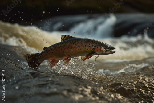 Trout fish jumping from the river. Ai generated