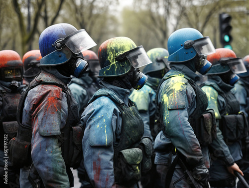 Riot Police Covered in Paint Thrown by Protesters - generative AI