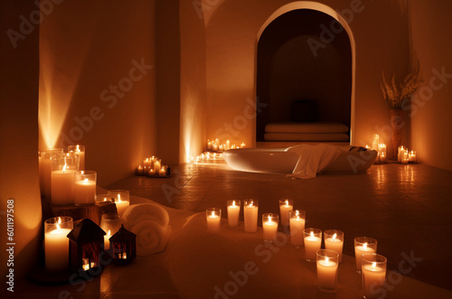 Moroccan style Spa with lit candles in bathroom. Generative AI