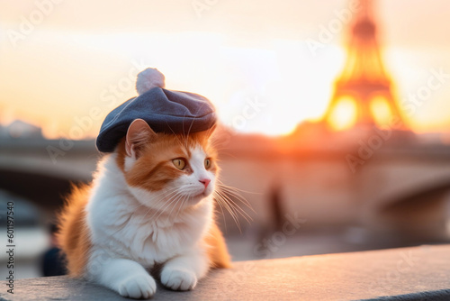 Ginger cat in beret in sunset, EIffel Tower on background. Generative AI