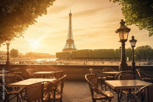 Beautiful empty Paris cafe in sunset, EIffel Tower on background. Generative AI © Irina Bort