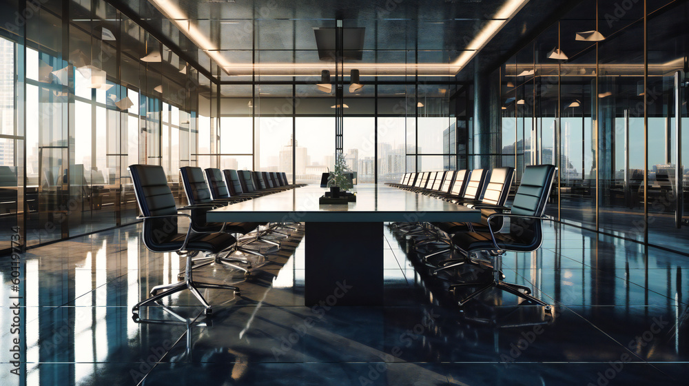Fototapeta premium A large conference table with black chairs in the middle